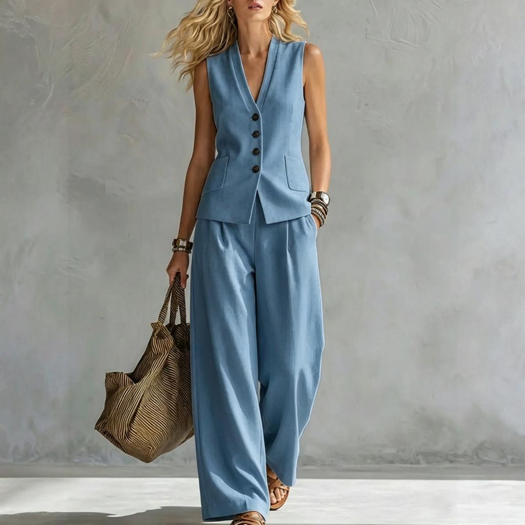 Women's Sleeveless Linen Vest and Wide Leg Pants Set Casual Summer Outfit Lightweight Breathable Fabric Relaxed Fit Two Piece