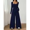 Women Fashion Casual Long Sleeve Square Neck Solid Wide Leg Jumpsuit