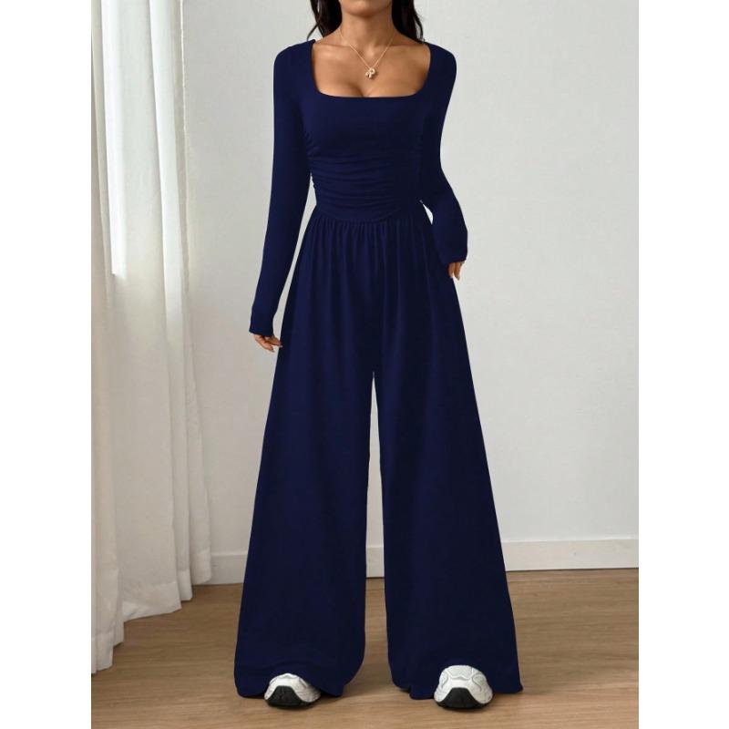 Women Fashion Casual Long Sleeve Square Neck Solid Wide Leg Jumpsuit