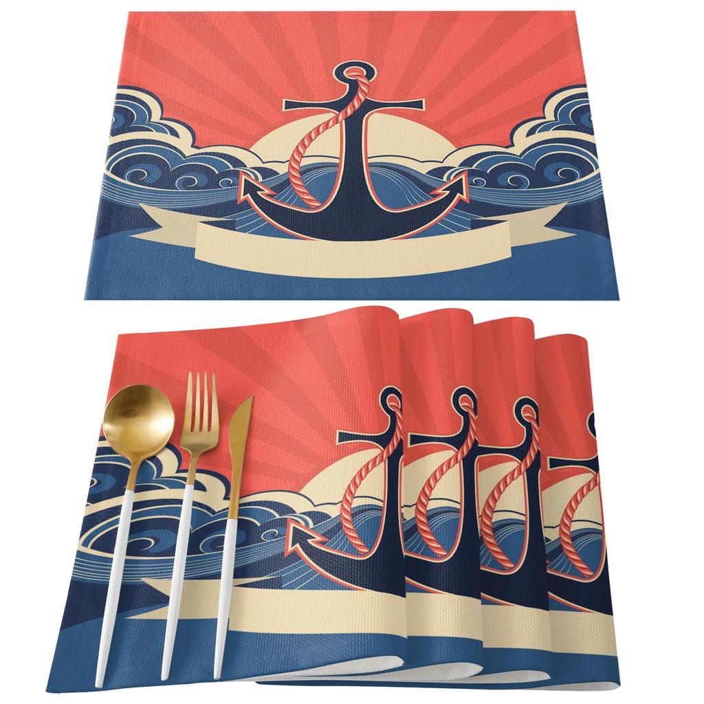 Nautisch Placematten Set, Anker Tafelmatten Wasbaar Zomer Kust Print Placemat voor Vakantie Banket Eetkamer Keukentafel Decor