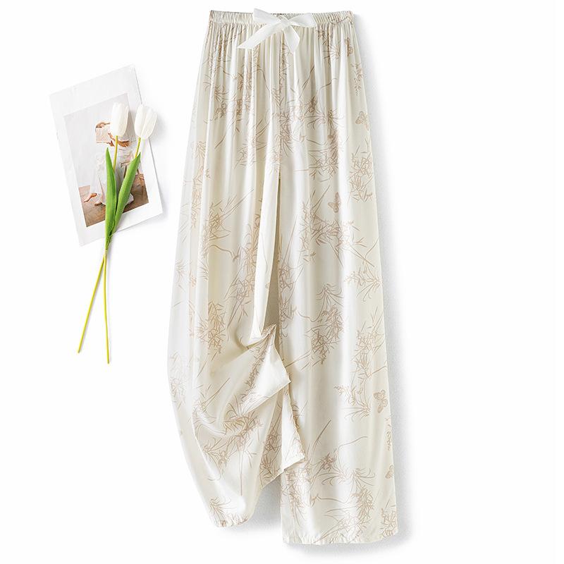 Pantaloni de pijama din bumbac mătase pentru femei, secțiune subțire de vară, anti-țânțari, pantaloni cu picior lat, culoare uni, pentru exterior, casă, petrecere a timpului liber, imprimeu, pantaloni de plajă până la genunchi
