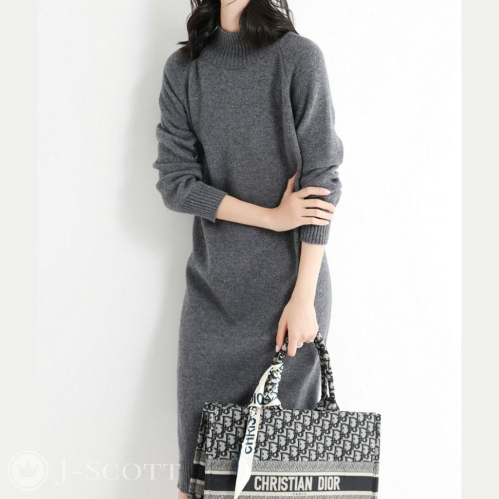 Knit Dress for Knee Long Mock Fall and Neat Long Korean Adult Spring Korean Women, Length, Sleeves, Plain, Neck, Ribbed, I-line, Winter, Simple, Soft,