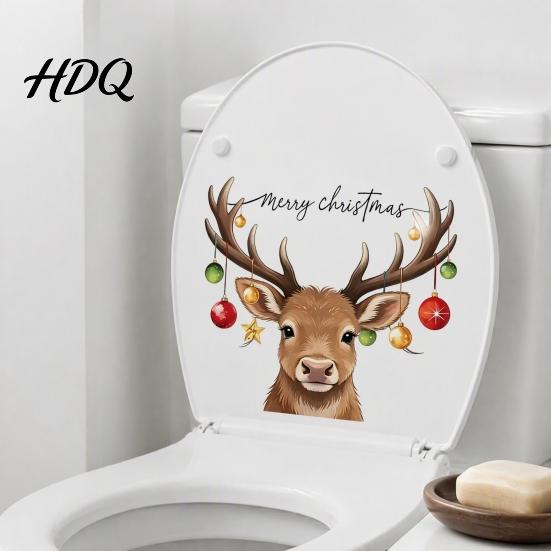 Removable PVC Wall Art Christmas Elk Toilet Seat Cover Sticker Cartoon Reindeer Lid Waterproof Glass Stickers Decal Self-Adhesive Bathroom