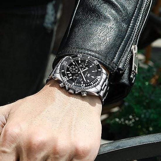 OLEVS Mens Watch Black Waterproof Quartz Analog Wristwatch Chronograph Silver Stainless Steel Metal Band Dial Large