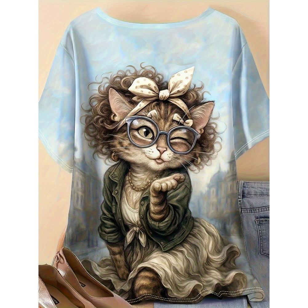 Plus Size Casual Crew Neck Short Sleeve Cat Animal Print T-Shirt - Soft Stretch Polyester Fabric Spring and Summer Womens Relaxed Fit Clothing