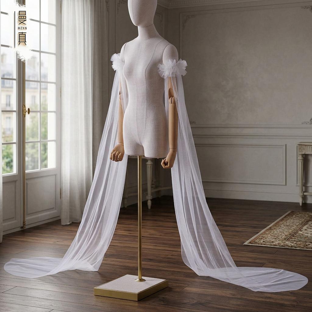 Detachable Off Shoulder Ruffle Tulle Long Train Arm Sleeves Maxi Floating Sheer Bridal Cuffs For Strapless Mermaid Wedding Gown Photoshoot