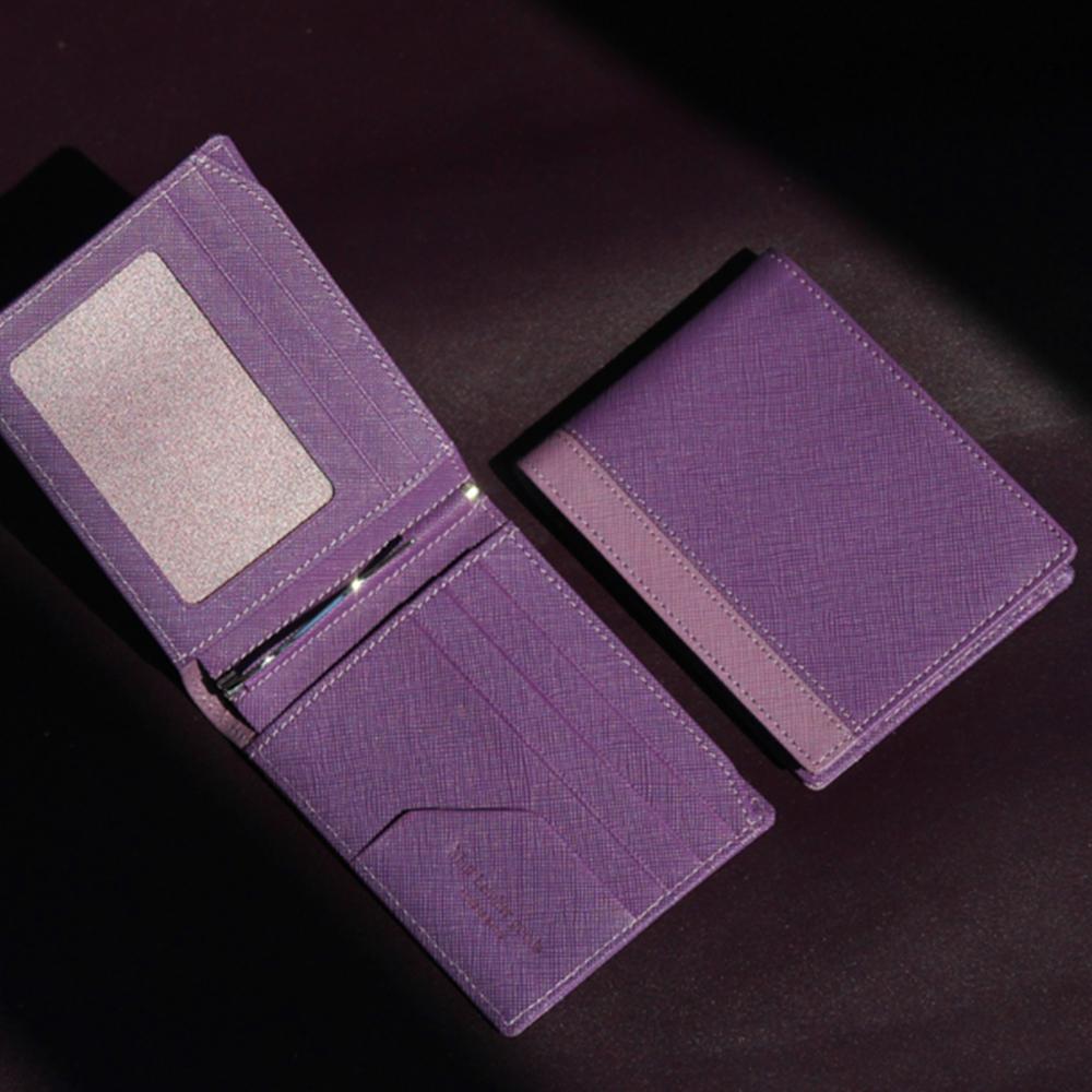 Matt Saffiano Cowhide Line Men'S Combination Money Clip Wallet Purple + Light Purple