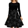 Women's Casual Long Sleeve Round Neck Dress Vintage Style Halloween Print Skater Dress with Waist Tie Belt Retro Swing Midi Dress
