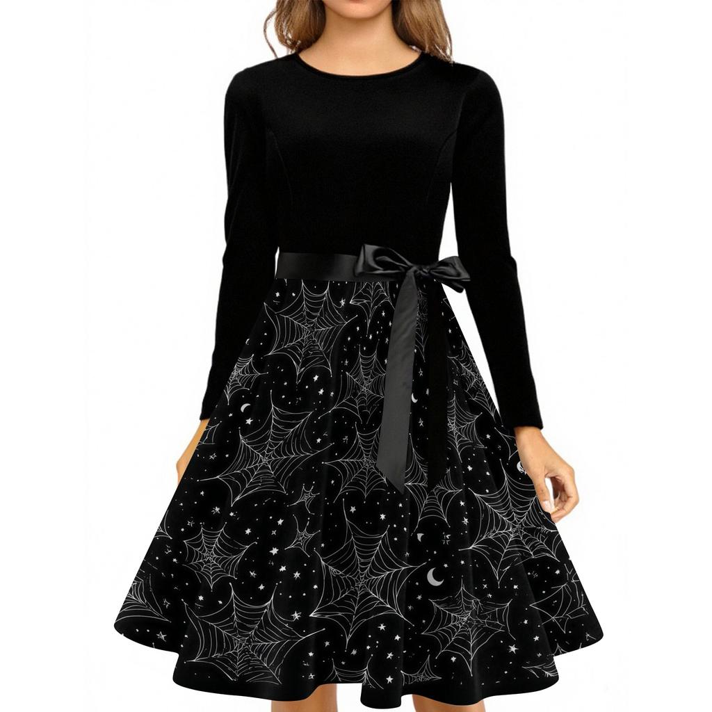 Women's Casual Long Sleeve Round Neck Dress Vintage Style Halloween Print Skater Dress with Waist Tie Belt Retro Swing Midi Dress