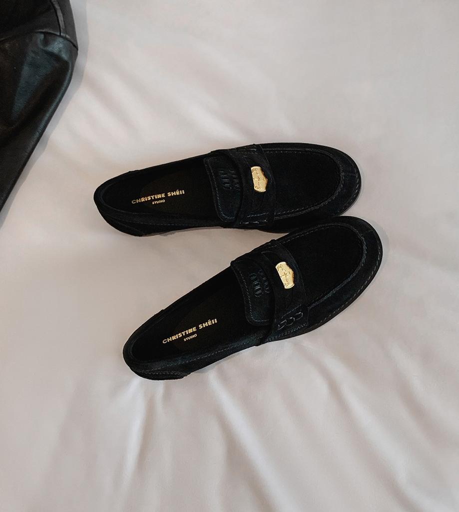 Su Yinyin's same style~ 2025 new horse skin retro polishing small gold coin thick heel loafers women's polishing process