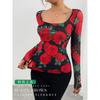 Women S French Style Rose Floral Mesh Print Sexy U Neck Long Sleeve T Shirt