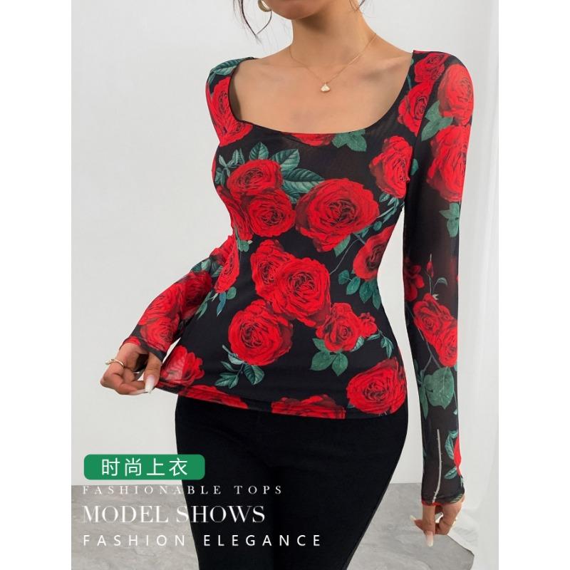 Women S French Style Rose Floral Mesh Print Sexy U Neck Long Sleeve T Shirt