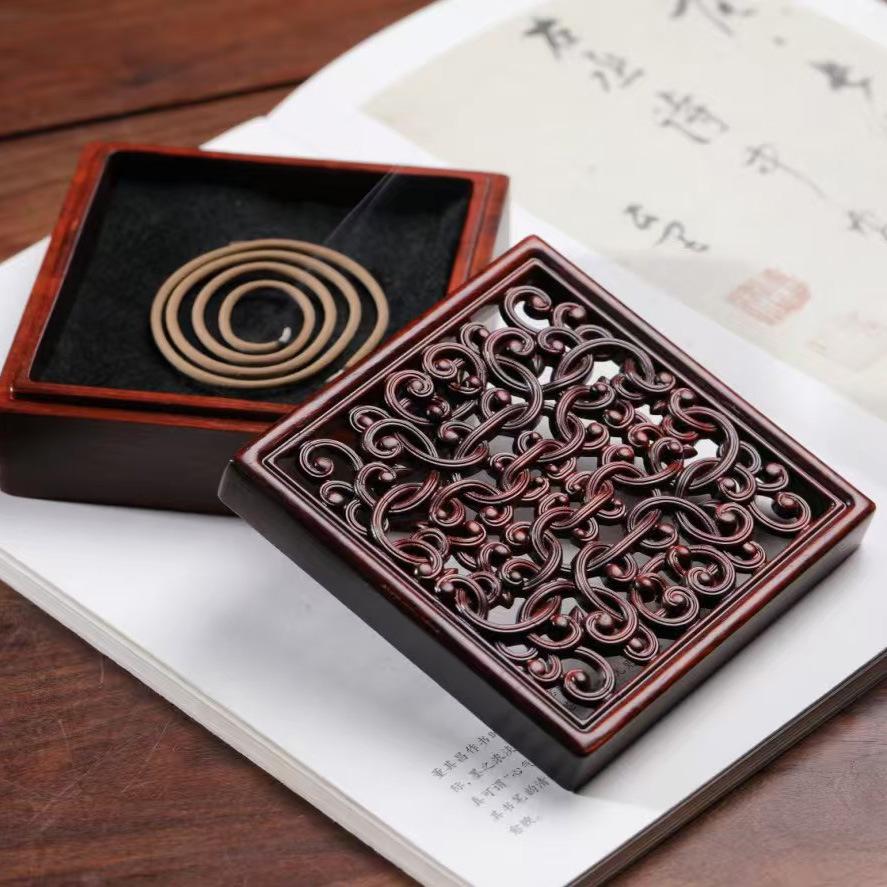 Sandalwood Ming & Qing Antique-Style Carved Incense Box and Burner, Solid Wood Zen Tea Ceremony Holder