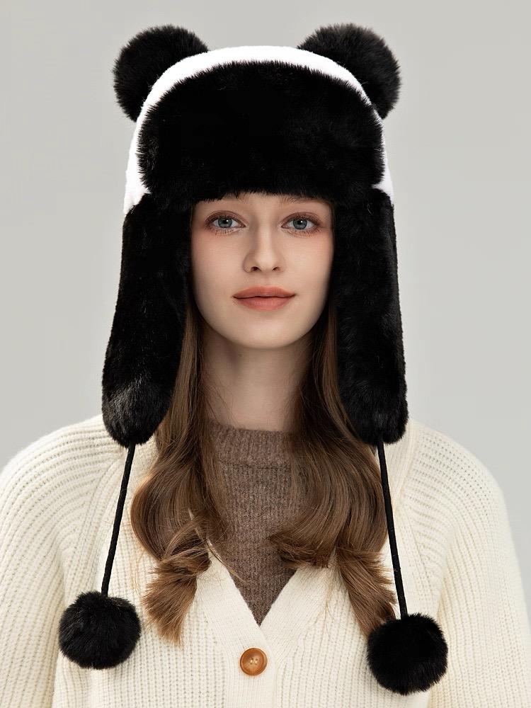 Women's Cute Ear Bucket Winter Warm Hat with Panda Color Faux Rex Rabbit Fur Casual Character Style for Girls Adults
