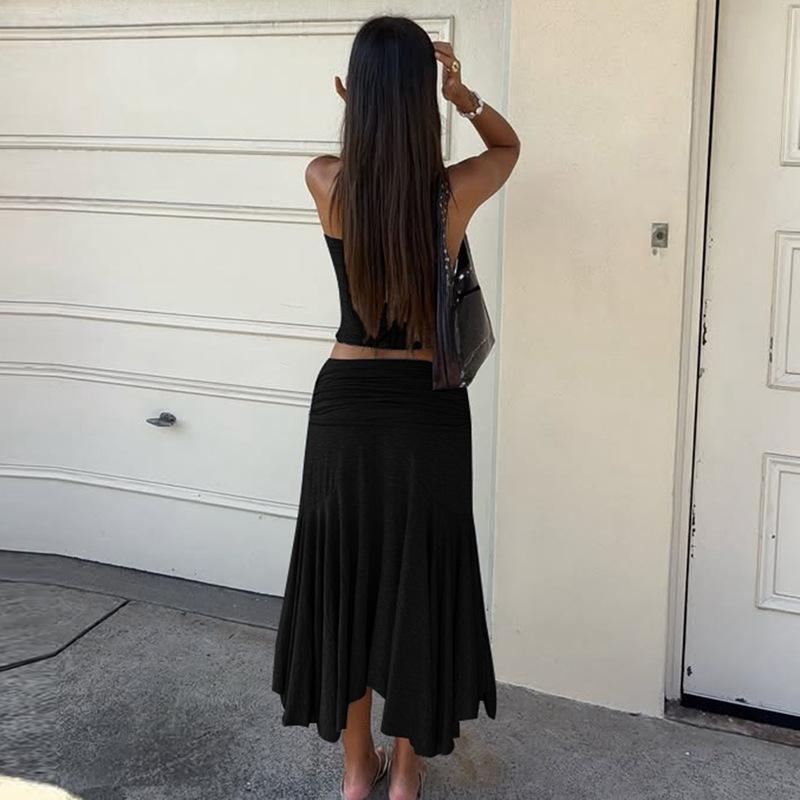 European and American women's solid color slanted shoulder sleeveless crop top, high waist pleated skirt two-piece set