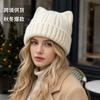 New Cute Wool Hat Autumn and Winter Warm Cat Ears Show Small Face Big Head Circumference Knitted Hat
