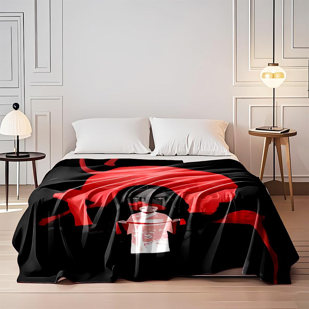 A Dark Figure Holds a Kimono Doll, with a Red Skull In the Background. for All Seasons Blanket Lunch Break Throw Gift