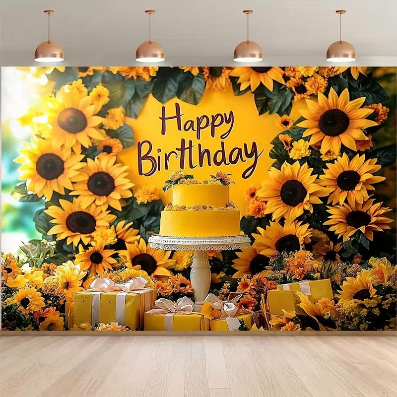 2D Flachdruck Party Kulisse Fröhliche Sonnenblumen Geburtstagsszene mit Grünzeug