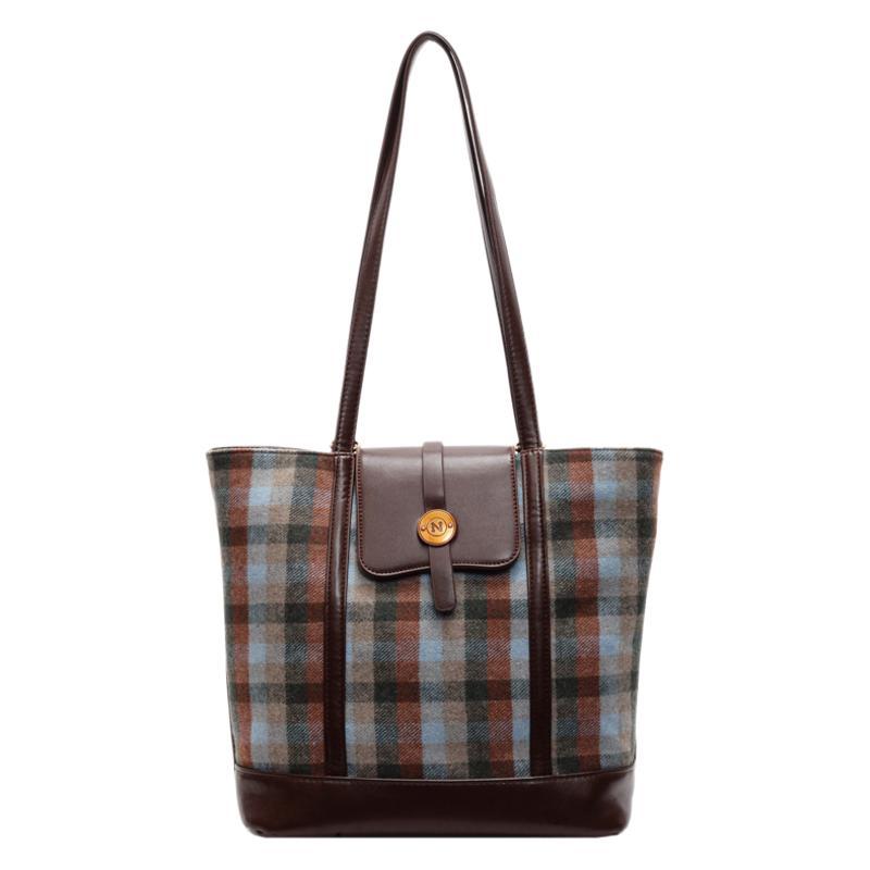 Autumn woolen plaid large-capacity bag women's 2025 new retro tote bag versatile casual backpack