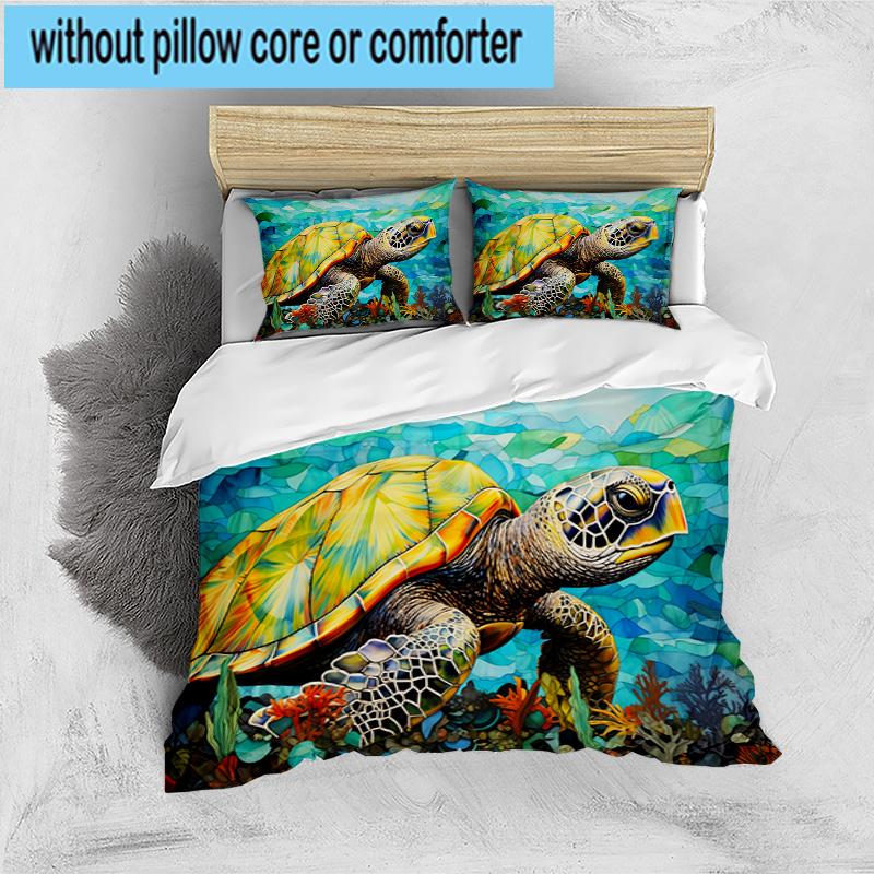 Cartoon Sea Turtle Artwork 3pcs Bedding,Including 1pc Duvet Cover And 2pcs Pillowcases Perfect for Christmas,Ideal for Bedroom, Dormitory