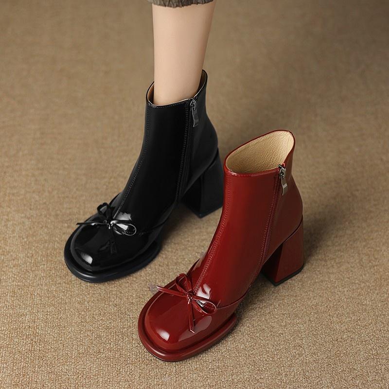 Spring Autumn Bow New Style Round Toe Square Heel Zipper Short Boots Single-barrel Elegant Sexy Temperament Women's Casual Soft