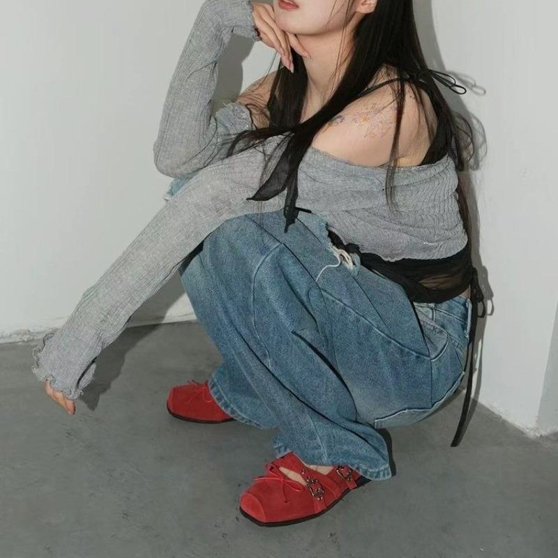 Fashion Women's Flat Shoes Summer New Square Head Shallow Mouth Butterfly Knot Rivet Metal Buckle Soft Sole Low Top Shoes