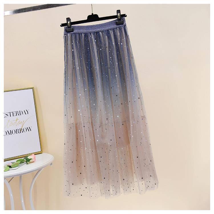 Spring Summer Skirts Women Long Tulle Skirt Sequined Pleated A Line Midi Skirt Chic High Waist Skirt