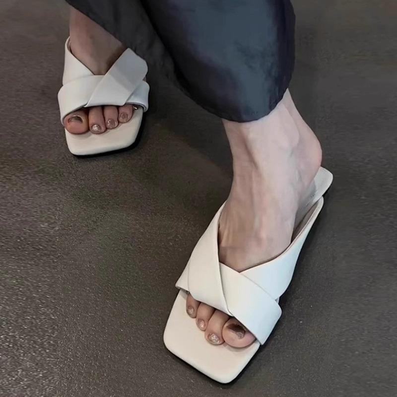 Sheepskin Version~ 2025 New Summer Wear French Skirt Cross with Cool Slippers Women's Flat Bottom Open-toed Lazy Half Drag