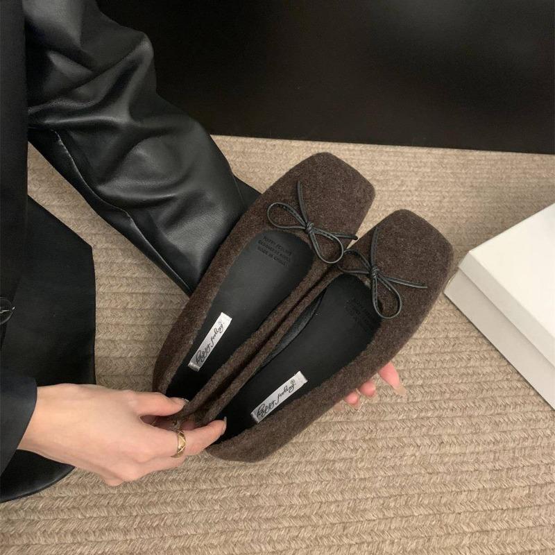 Fashion Woman Casual Square Head Bow Flats Flock Mocasines Ballerina Church Flats Female Suede Elegant Soft Sole Women Shoes
