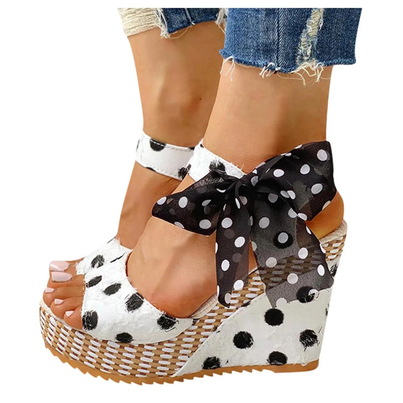 

Сандалии женские босоножки на танкетке на платформе модные туфли из хлопчатобумажной ткани в горошек на шнуровке обувь 2024 летние босоножки 40 белый