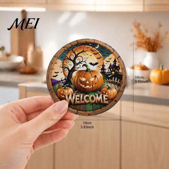 Artistic Wooden Coaster Set 6Pcs/Set Halloween Coasters, Retro Pumpkin Ghost Drink Decorative Coffee Bar Accessories Round Heat Insulation Pads