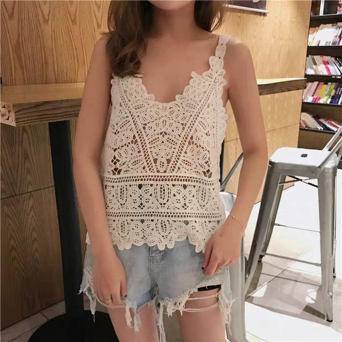 

Женская многоцветная летняя вязаная майка: Универсальный полый дизайн для пляжа или многослойности One Size грязно-белый