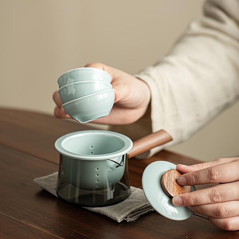 1 sada jednoduchá keramická čajová sada Venkovní cestovní přenosná čajová sada s úložným sáčkem Čínské čajové nádobí Gongfu Spařovač proti opaření 1 čajová konvice a 3 šálky čaje