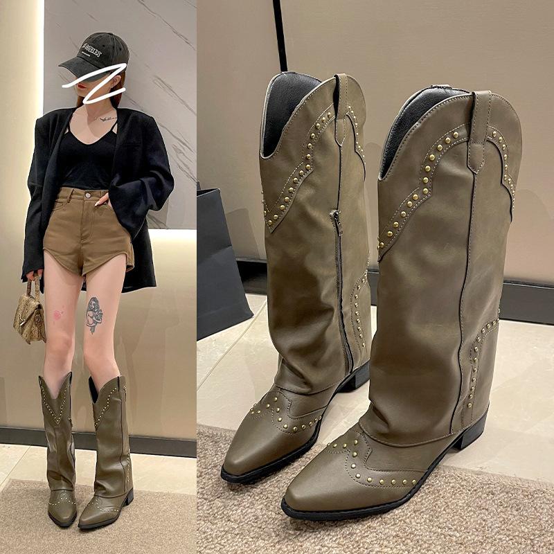 Autumn retro pointed western boots riveted pant tube boots trendy versatile thick heel large size boots women