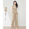 French Loose Suit Stand Up Collar Sleeveless Pleated Top Wide Leg Pants Two-piece Set