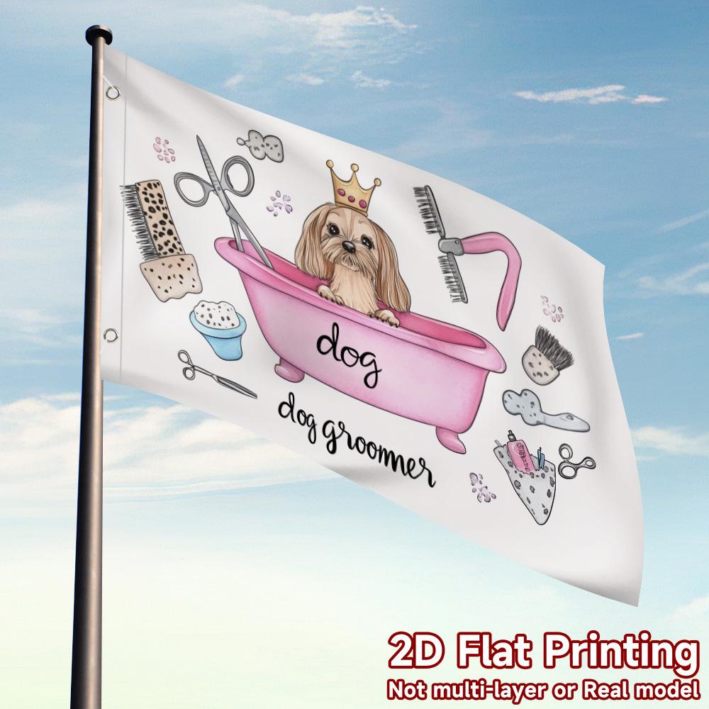 Dog Groomer Shih Tzu Bathtub Flag Garden Decor Premium Polyester Outdoor Yard Banner