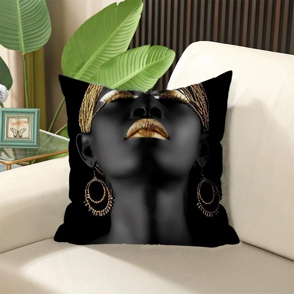 Huse elegante pentru perne de cameră Negru Auriu Pernă cu doamnă africană pentru dormit Husă de pernă × Perne decorative canapea × Umplute
