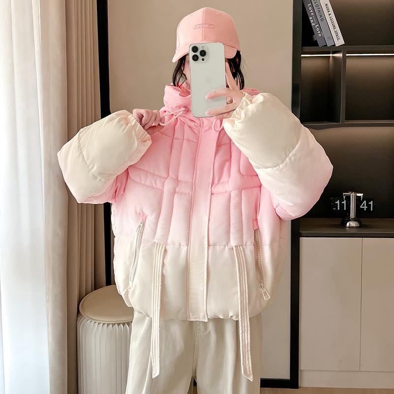 

New gradual change of color cotton clothes women s fashion gradual change hooded cotton clothes winter coat thickened coat S розовый