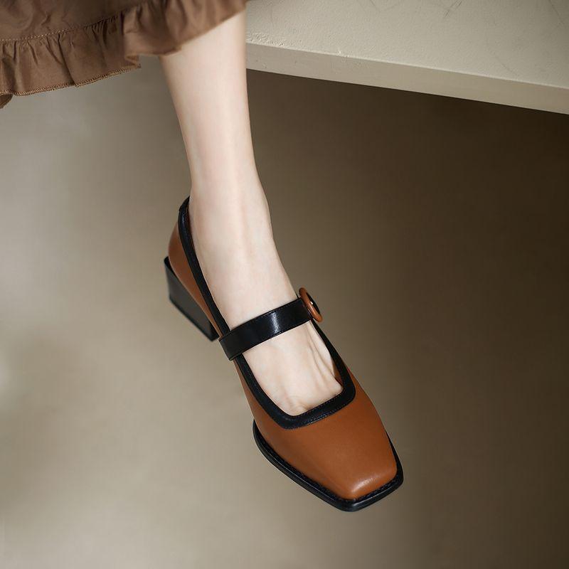 French retro elegant style square head thick heel Mary Jane shoes women's autumn 2025 new low-heeled belt buckle single shoes