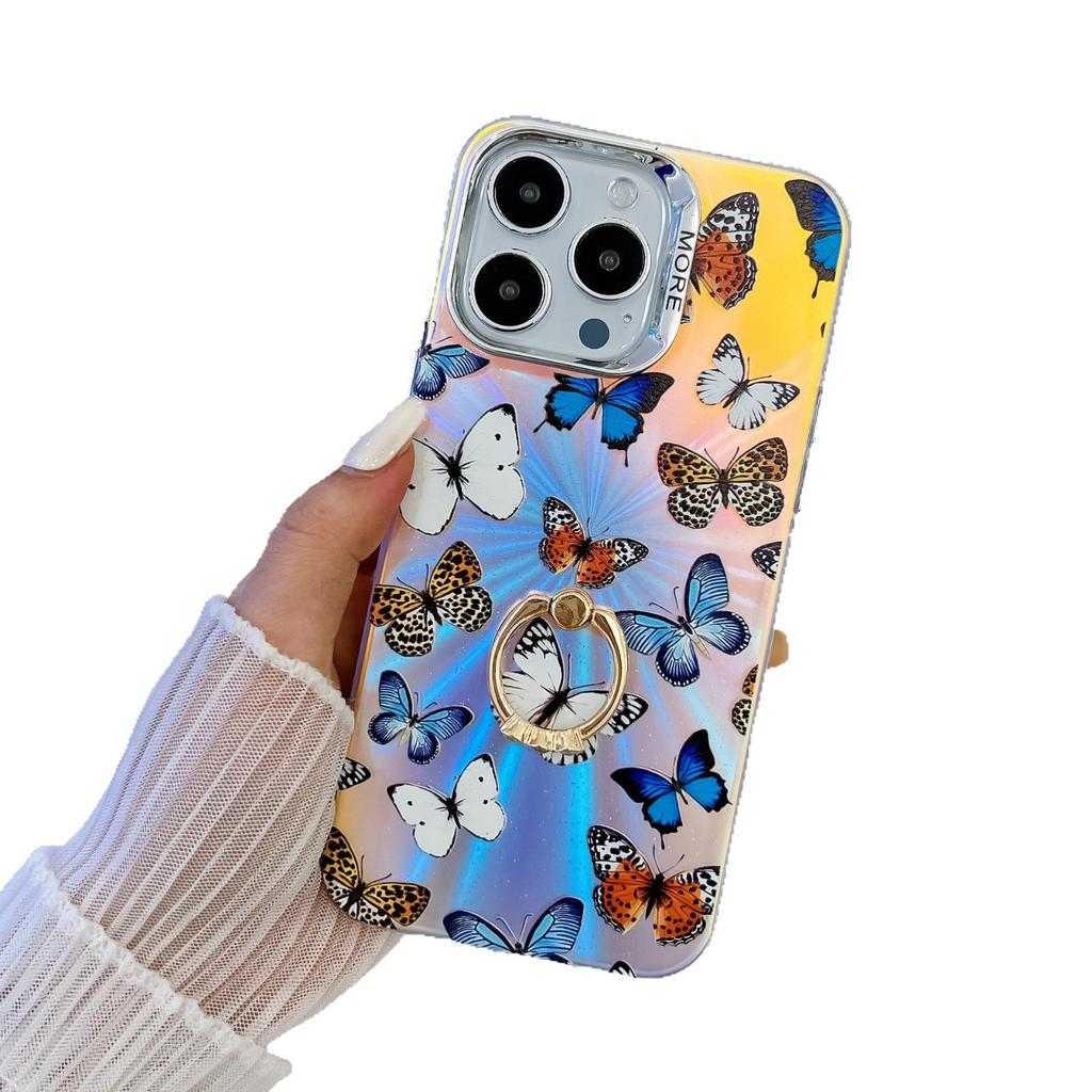 Electroplated Laser Butterfly for Apple 16E Mobile Phone Case Ring Holder for IPhone15promax Hard Case