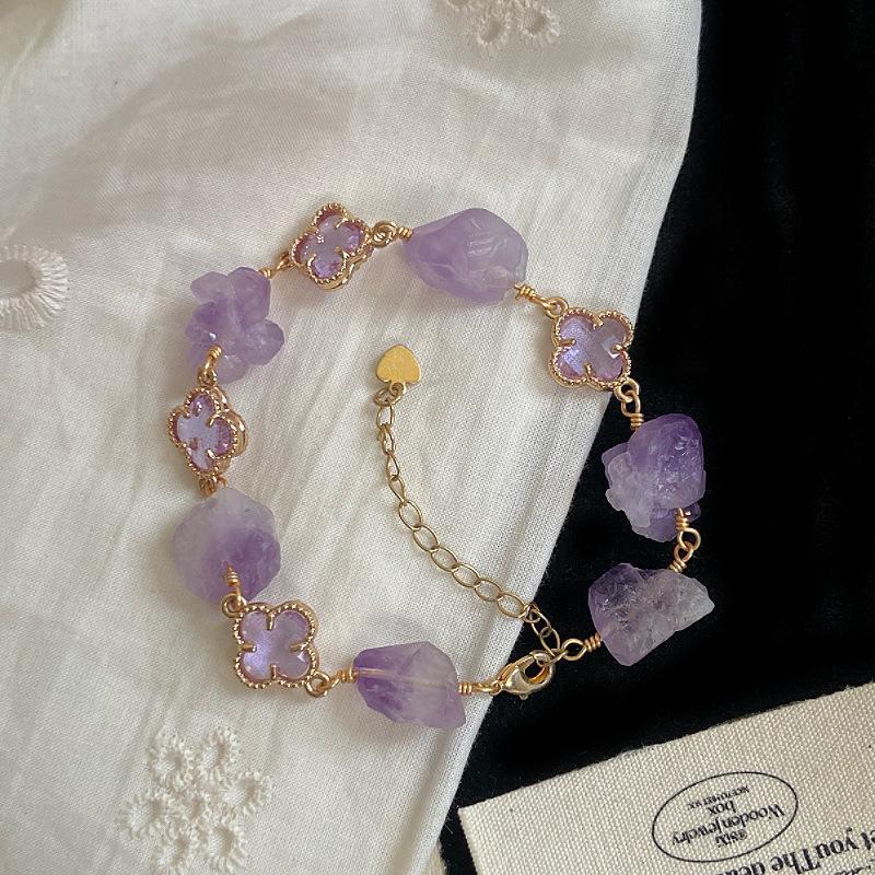 Pink Four-leaf Flower Bracelet Freshwater Pearl Natural Crystal Bracelet, Sweet Internet Celebrity Small Fragrance Citrine Bracelet.