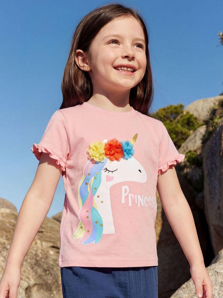 Girls' 3D Flower Print Short-Sleeve T-shirt - European & American Style, Round Neck, Summer 2026 Collection