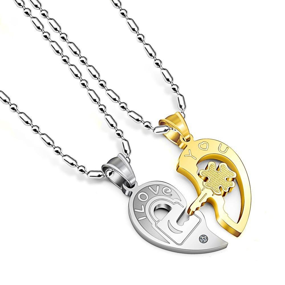 European and American Jewelry Accessories Titanium Molten Steel Black and White Lock Key Puzzle Couple Necklace Pendant