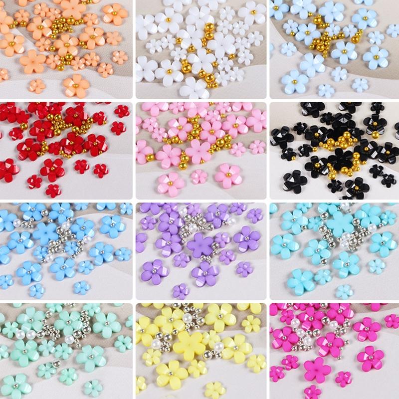 3D Flower Nail Charms and Metal Caviar Beads,Acrylic Resin Flowers Nail Design Gold Silver Nail Ball Beads Nail Pearls