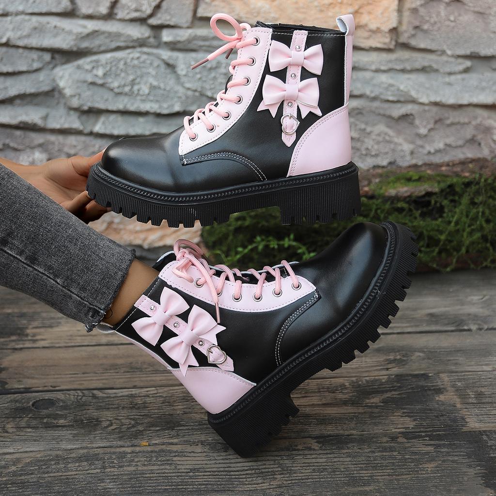 Fashion Women Ankle Boots 2024 New Butterfly Knot Women Boots High-top Lace-up Motorcycle Boots Fashion Student Platform Shoes Women
