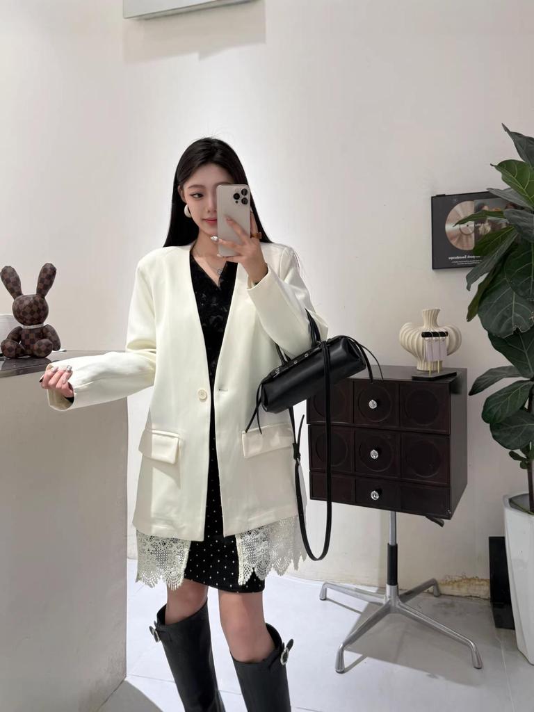 Korean V-Neck Mid-Length Patchwork Lace Suit Jacket for Women