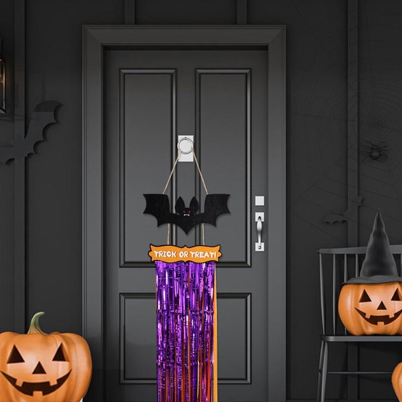 Wood Sign with Tassels Halloween Decoration Front Door Hanging Plaques Ornament with Bat Witch Pattern for Home Decors