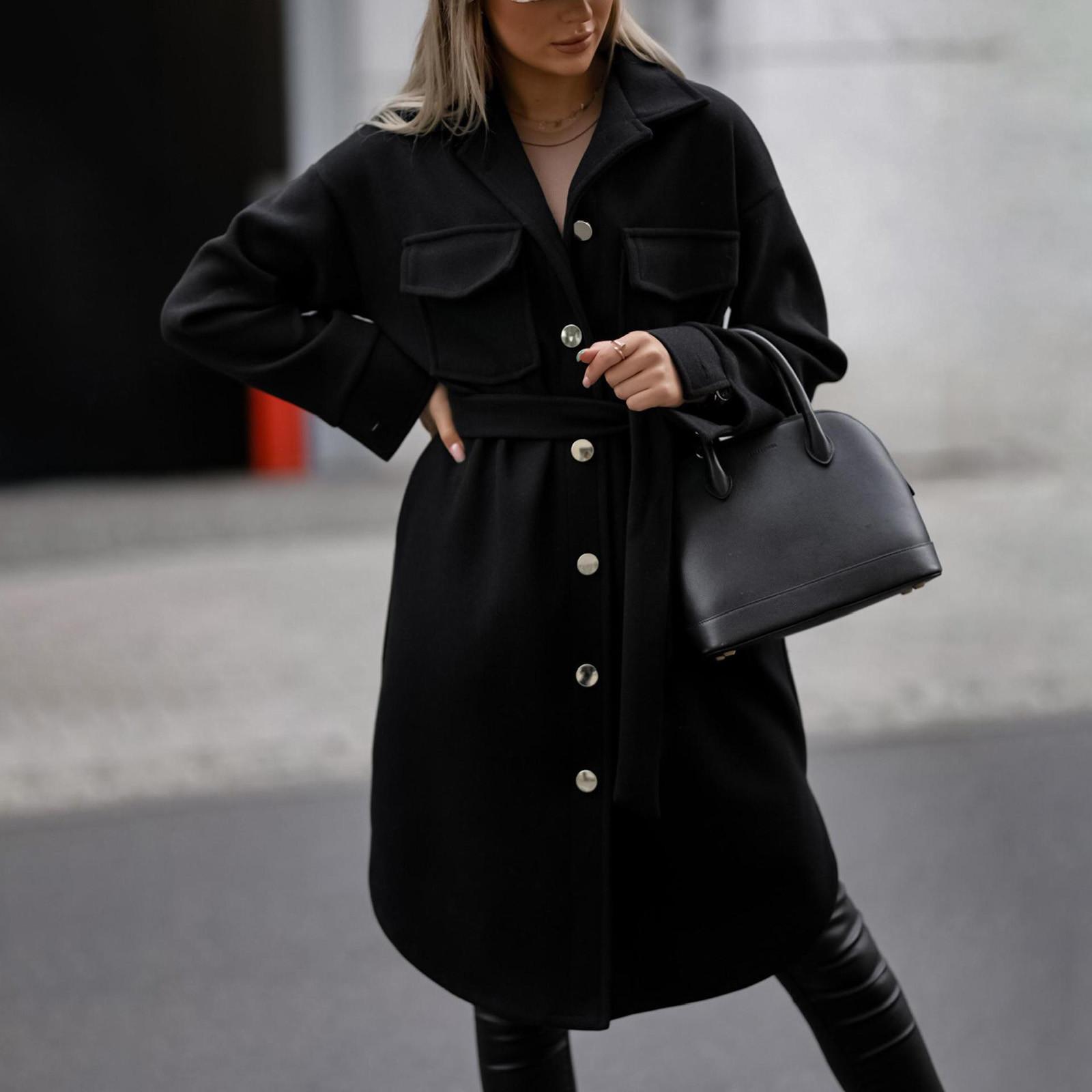 

Зимові теплі жіночі ґудзики Вовняне пальто Тренч Куртка Пояс Верхній одяг XL чорний