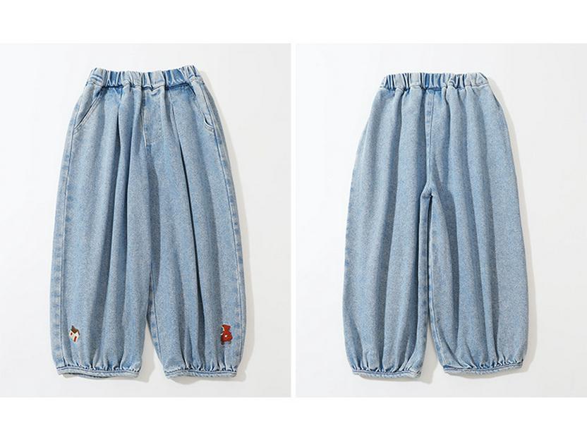 Girls' Soft Denim Lantern Jeans with Bow Embroidery - Baby Girl Fashionable Korean Style Pants for Spring and Autumn