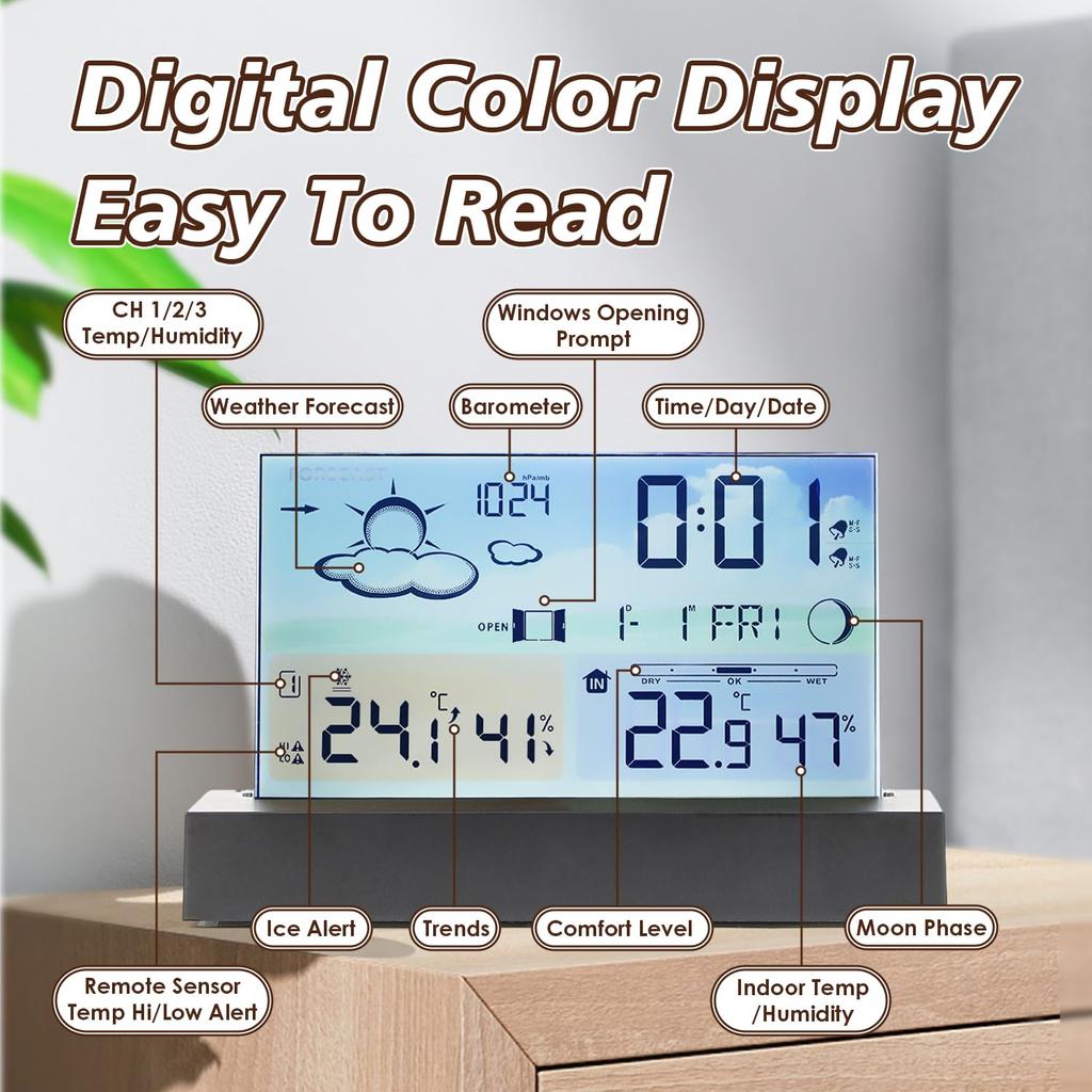 תחנת מזג אוויר מיני פנימית חיצונית, תחנת מזג אוויר ביתית עם תחזית מזג אוויר וברומטר מד טמפרטורה מד לחות, שעון מעורר, תצוגה דיגיטלית צבעונית